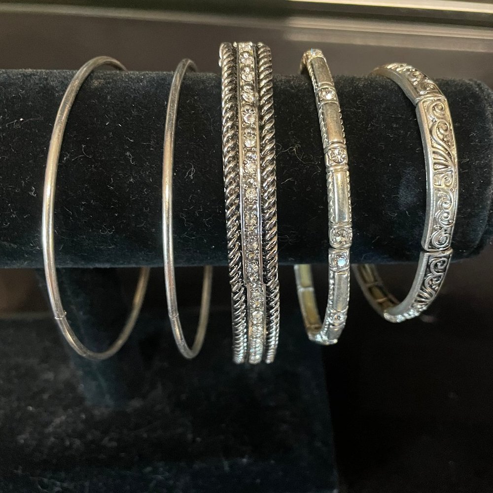 5 Silvertone bangle bracelets